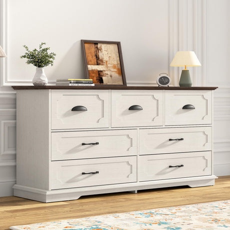 chartustriable 55" Farmhouse 7 Drawers Dresser Chests for Bedroom w/Deep Big Drawers, Tall Wide Wood Country Rustic Chest of Drawers, Storage Dressers for Bedroom, Living Room,Antique White chartustriable