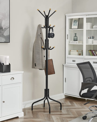 SONGMICS Coat Rack Freestanding, Metal Coat Rack Stand with 12 Hooks and 4 Legs, Coat Tree, Holds Clothes, Hats, and Bags, for Entryway, Living Room, Bedroom, Classic Black URCR031B01