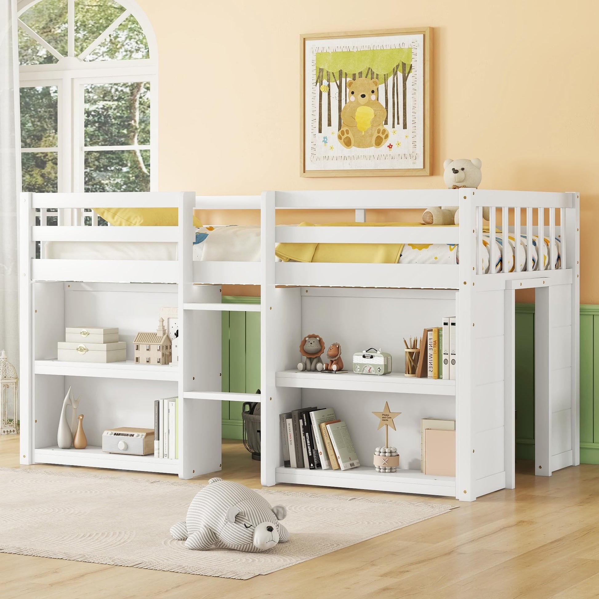 HZANHY Modern Farmhouse Twin Low Loft Bed with Storage, Stairs, Two-Tier Shelves, and LED Light for Kids - WoodArtSupply