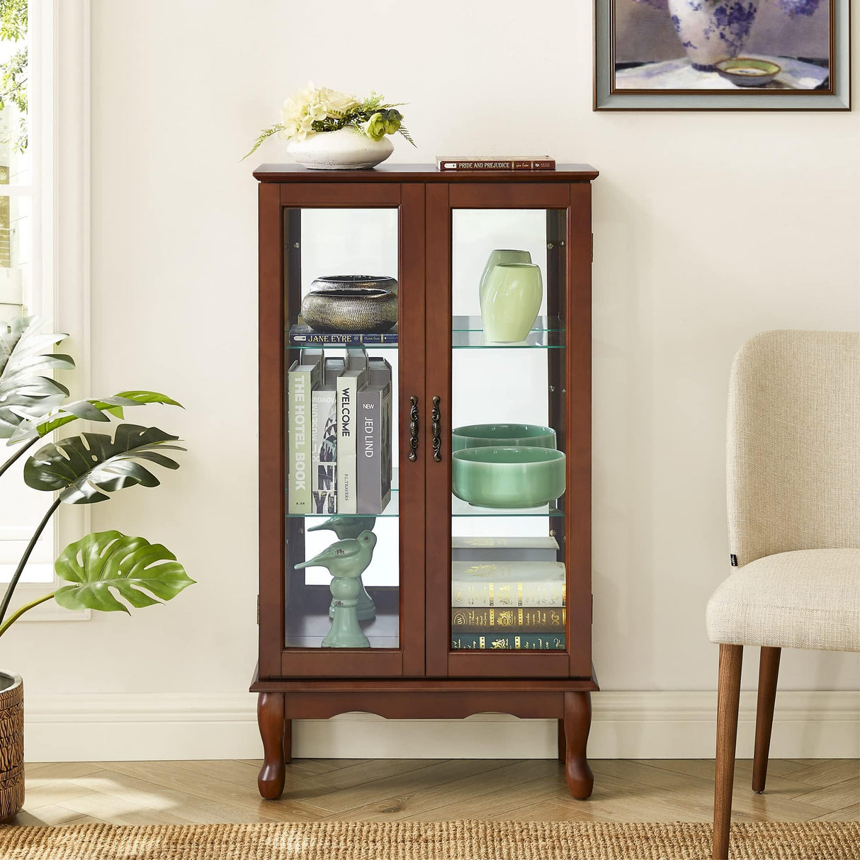 Anveffeg Lighted Curio Cabinet with Adjustable Shelves & Mirrored Back Panel - 3-Tier Cherry Finish Display Cabinet with Tempered Glass Doors (E26 Bulb Not Included) Anveffeg