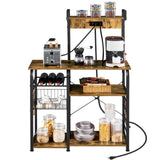 Yaheetech Kitchen Bakers Rack with Power Outlet, Coffee Bar Microwave Stand with Wire Basket and Wine Rack & 10 S-Hooks, Kitchen Island with Storage for Spices/Pots/Pans, Rustic Brown Yaheetech