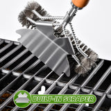 SUBEKYU Grill Brush for Outdoor Grill, 15.3'' BBQ Grill Scraper Cleaning Brush for Outdoor Grill, Safe Stainless Steel Grill Cleaner Scrubber with Scraper, Beech Wood Handle, 1Pack SUBEKYU