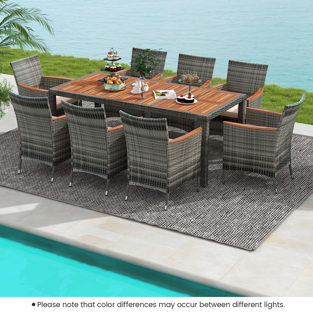 Tangkula 9 Pieces Outdoor Wicker Dining Set, Patio Dining Furniture Set with Acacia Wood Table and 8 Armchairs, Outdoor Table and Chairs Set with 1.96” Umbrella Hole and Cushions Tangkula