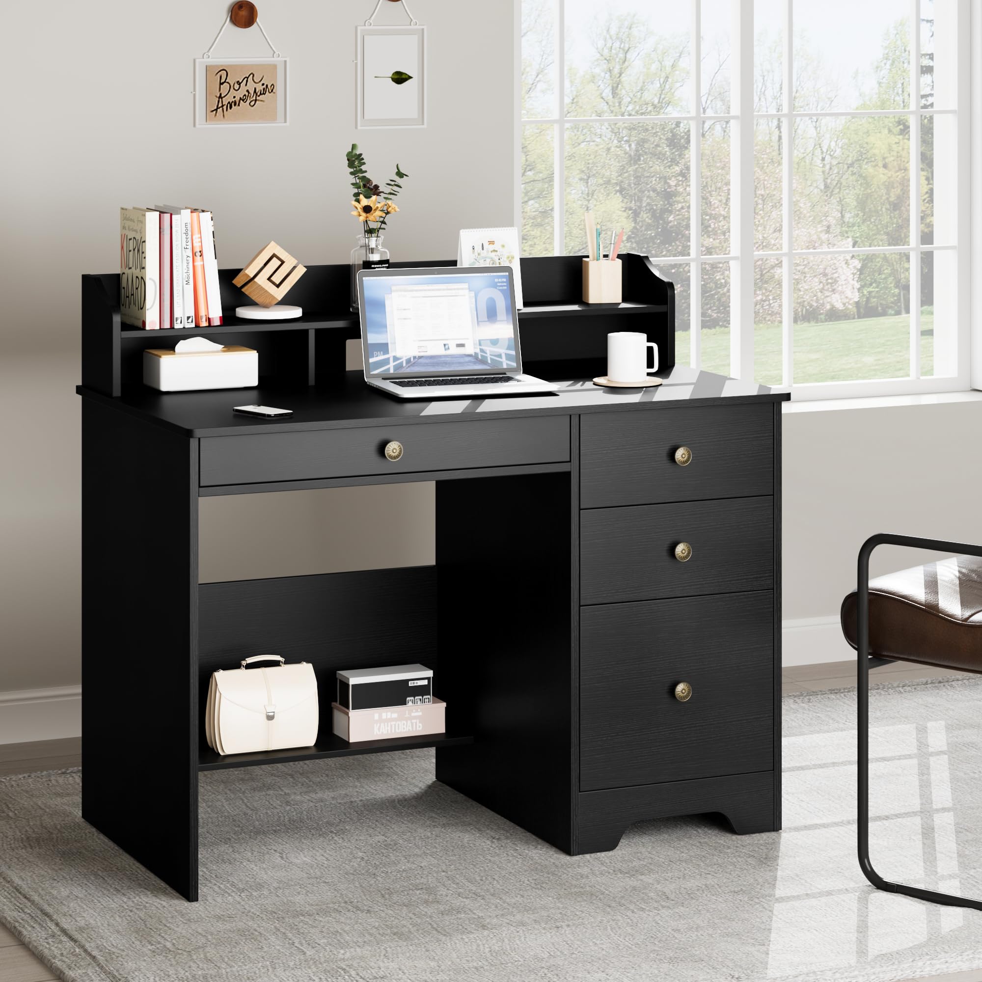 TTVIEW Computer Desk with Drawers and Hutch Shelf, Wood Executive Desk Writing Study Table with 43” Wide Tabletop, Small Desk with File Drawer for Home Office Bedroom, Black - Thumbnail 5