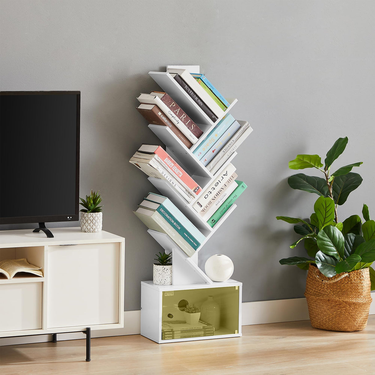 VECELO 7-Tier Tree Bookshelf with Drawer, Wooden Tree-Shaped Book Display Shelves for CDs/Magazines/Books, FreeStanding Geometric Bookcase Organizers for Home Office, Ivory White VECELO