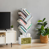 VECELO 7-Tier Tree Bookshelf with Drawer, Wooden Tree-Shaped Book Display Shelves for CDs/Magazines/Books, FreeStanding Geometric Bookcase Organizers for Home Office, Ivory White VECELO