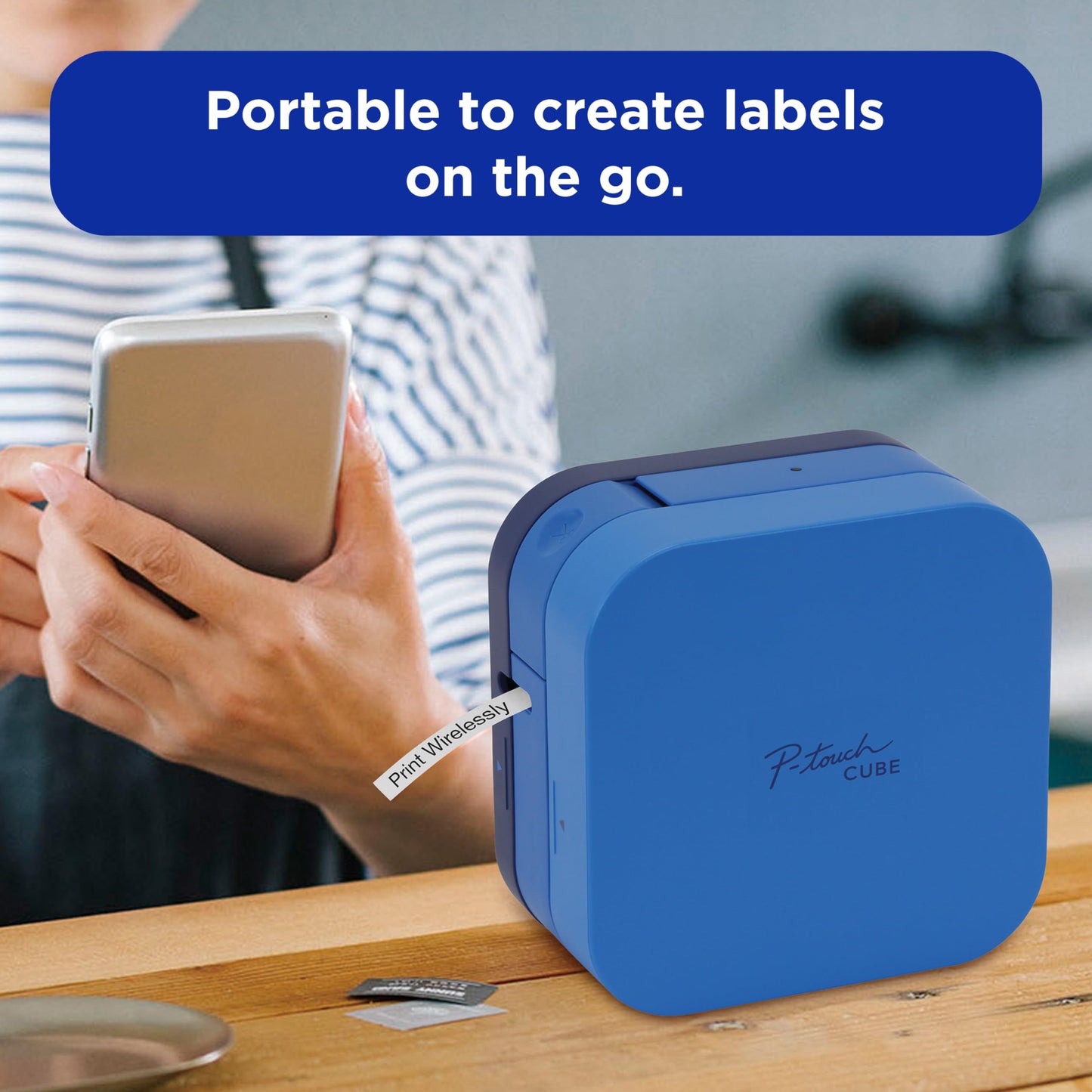 Brother P-Touch Cube Smartphone Label Maker, Bluetooth Wireless Technology, Multiple Templates Available, Apple & Android Compatible - Blue, 2.5 x 4.6 x 4.6 inches