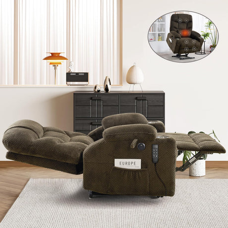 CDCASA Oversized Dual Motor Lay Flat Power Lift Recliner Chair with Massage, Heating, Infinite Position Large Recliner Chairs for Big & Elderly, USB & Type-C Ports, Plush Brown CDCASA