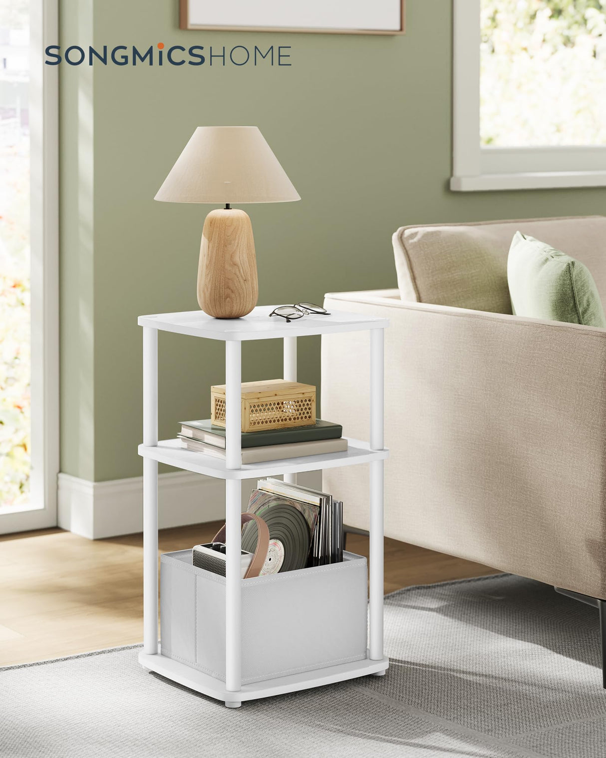 SONGMICS HOME Side Table, 3-Tier Nightstand with Storage, End Table with Fabric Basket, for Bedroom, Living Room, Steel Frame, Superfast Toolless Assembly, Modern, Snow White ULET286W01 SONGMICS HOME