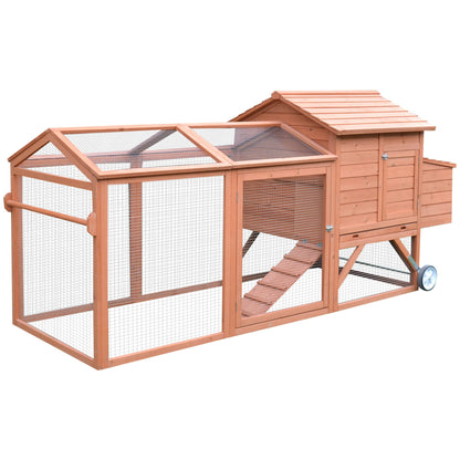 PawHut 96.5" Chicken Coop Wooden Hen House Poultry Cage Pen Portable with Wheels and Nesting Box, Chicken Cage for Backyard Outdoor, Natural - WoodArtSupply