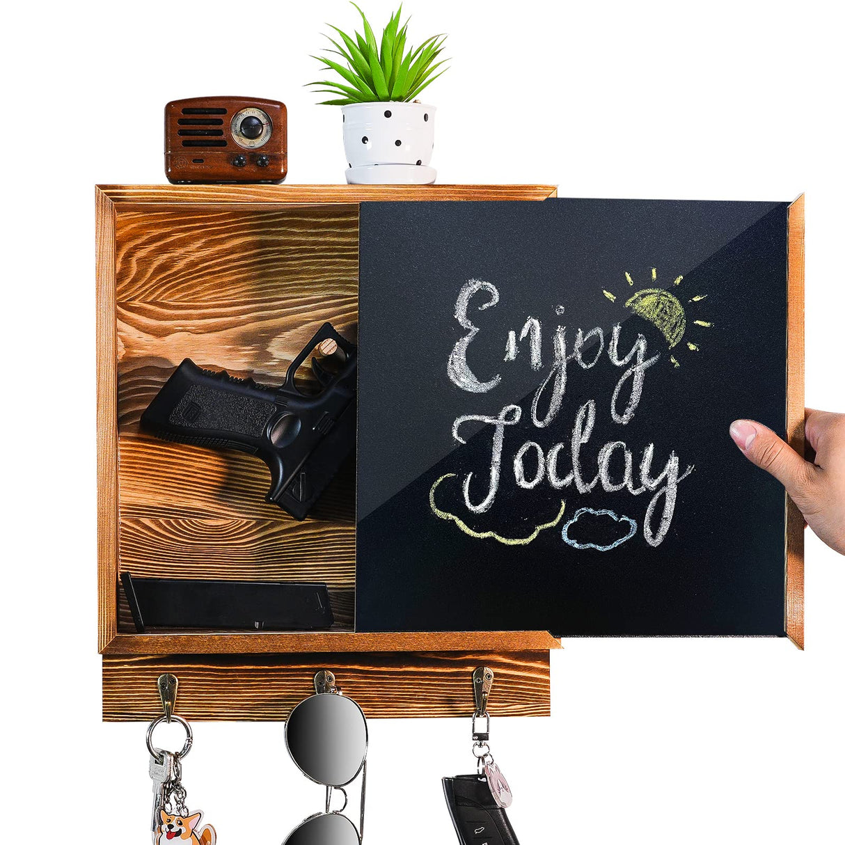 MOCAS Hidden Gun Storage, Hidden Wall Gun Safe Pistol Rack Shelf with 3 Hooks for Secret Decor Concealment Furniture, Art Storage Cabinet Wooden Storage Shelves Indoor Picture Frame MOCAS