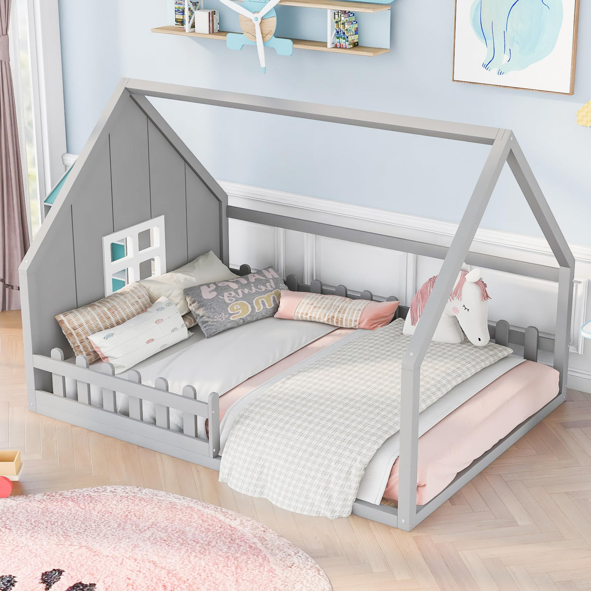 Bellemave Full Size Montessori House Bed with Slatted Railings in Grey Bellemave