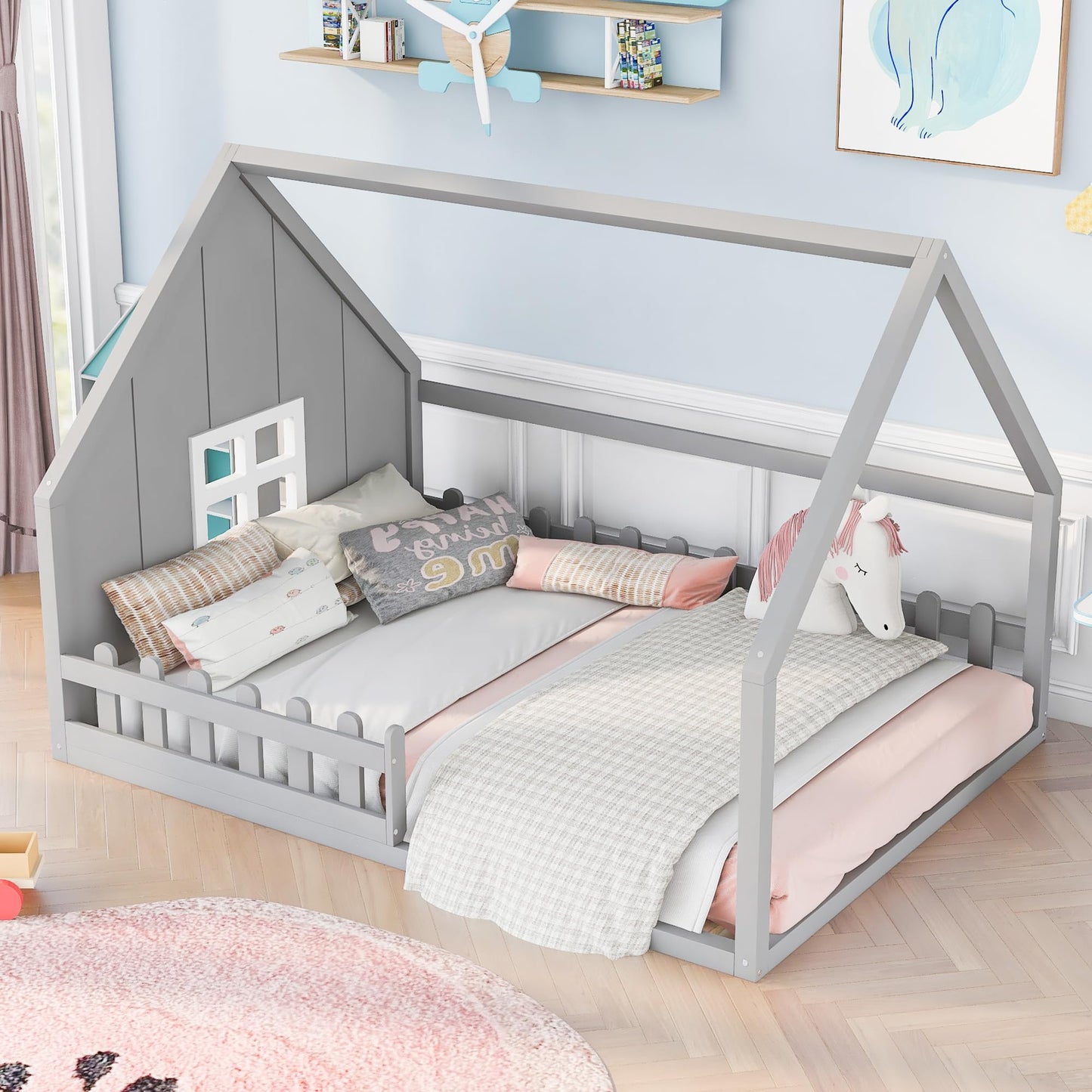 Bellemave Full Size Montessori House Bed with Slatted Railings in Grey