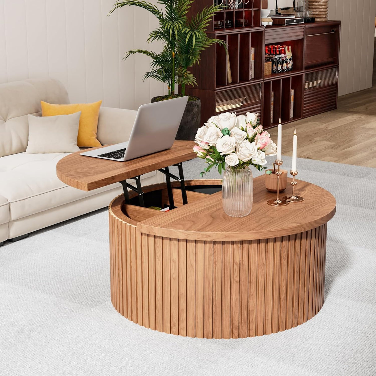 Fsbecl Fluted Lift Top Coffee Table with Hidden Storage, 31.6 Inch Round Coffee Tables for Living Room, Circle Wood Center Tables for Home (Walnut) Fsbecl