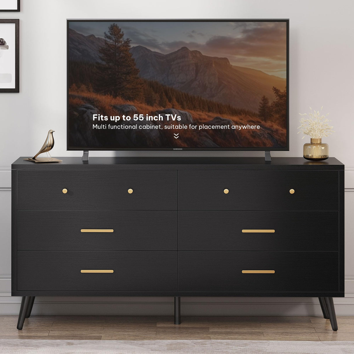 DWVO White 6 Drawers Dresser/Modern Wood Dresser Chest of Drawers with Black Metal Handle＆Anti-Tipping Device/Modern Double Drawer Storage Cabinet for Entryway/Living Room-15.7" Dx55.1 Wx31.1 H DWVO