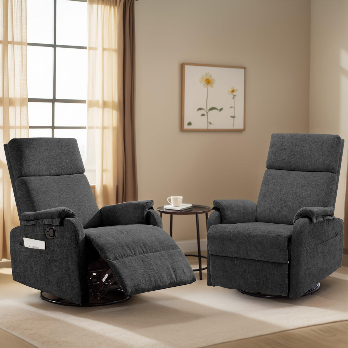 Korser Recliner Chairs, Swivel Rocking Recliner Chair for Adults, Glider Rocking Chair, Small Nursery Chair Recliner for Living Room, Reclining with Modern-Designed Armrests, Chenille, Black Korser
