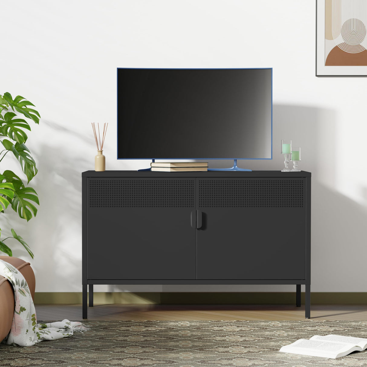 Ustamio Black Wide Metal Locker Storage Cabinet, 2 Door Metal Accent Cabinet for Home and Office, 2 Tier Low Metal Cabinet with Doors and Shelf, Multipurpose Metal Tv Stand Cabinet Ustamio