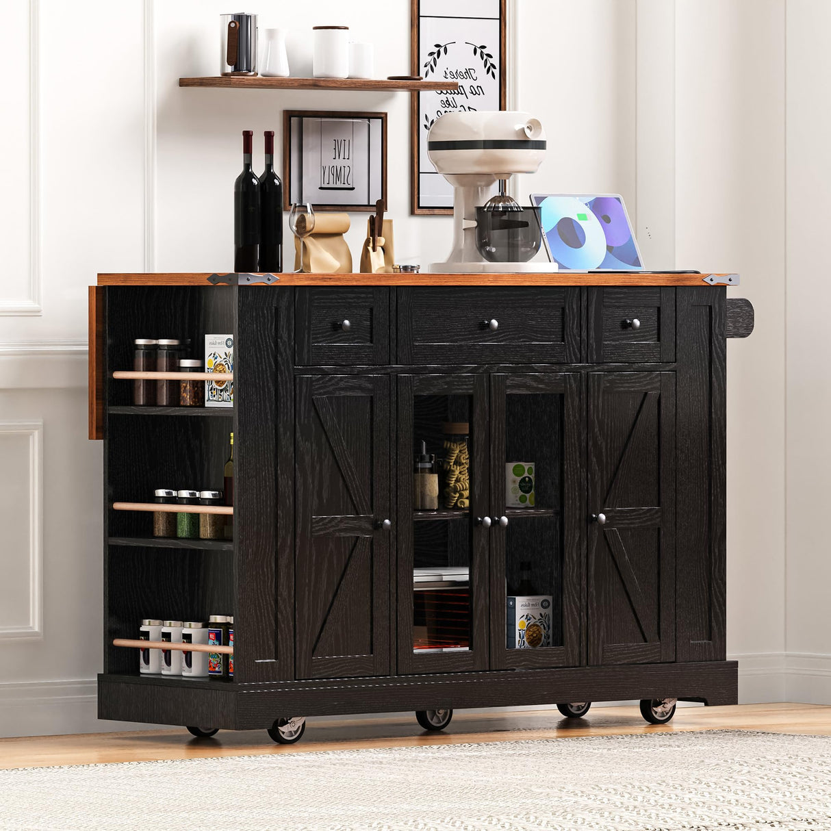E-SHANMOHY Farmhouse Kitchen Island Cart with Drop Leaf & Charging Station,53" Rolling Island Cart on Wheels with Tempered Glass Doors Storage,Side Spice Racks,Ideal for Home Kitchen (Black-1) E-SHANHOMY