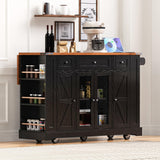 E-SHANMOHY Farmhouse Kitchen Island Cart with Drop Leaf & Charging Station,53" Rolling Island Cart on Wheels with Tempered Glass Doors Storage,Side Spice Racks,Ideal for Home Kitchen (Black-1) E-SHANHOMY