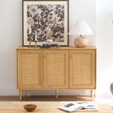 EYYTHUNG Rattan Storage Cabinet with 3 Doors, Boho Sideboard Buffet Cabinet Solid Wood Farmhouse Credenza Cabinet with Adjustable Shelves for Living Room Kitchen Entryway Hallway, Natural Oak EYYTHUNG