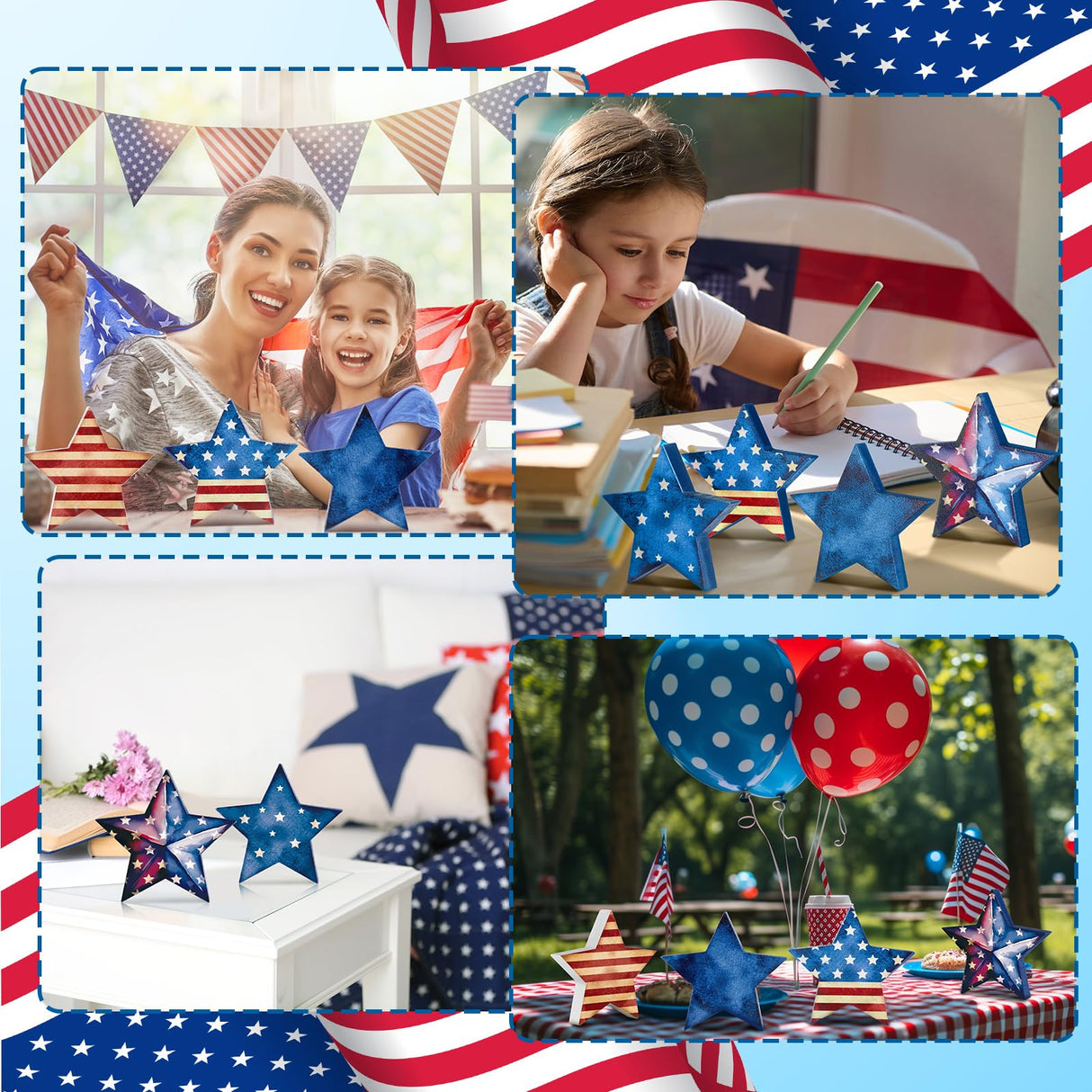 Beeveer 6 Pcs 4th of July Wooden Stars Signs Star Tiered Tray Decor Red Blue White Wood Star Shape Table Blocks for Party Home Office Table Shelf Decor for Independence Day(Patriotic Style) Beeveer