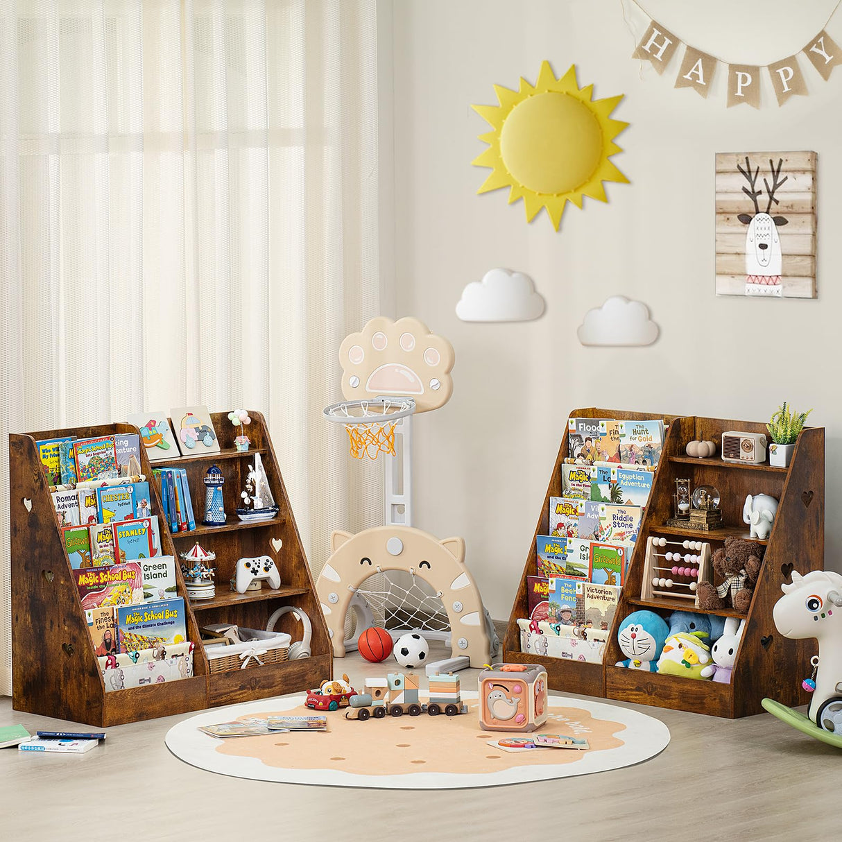 Lerliuo 4 Tier Kids Bookshelf and Storage Organizer, Five Layer Sling Children Bookcase, Baby Toddler Wooden Book Shelf, Display Cabinet for Playroom, Bedroom, Classroom, Nursery, School (Brown) Lerliuo