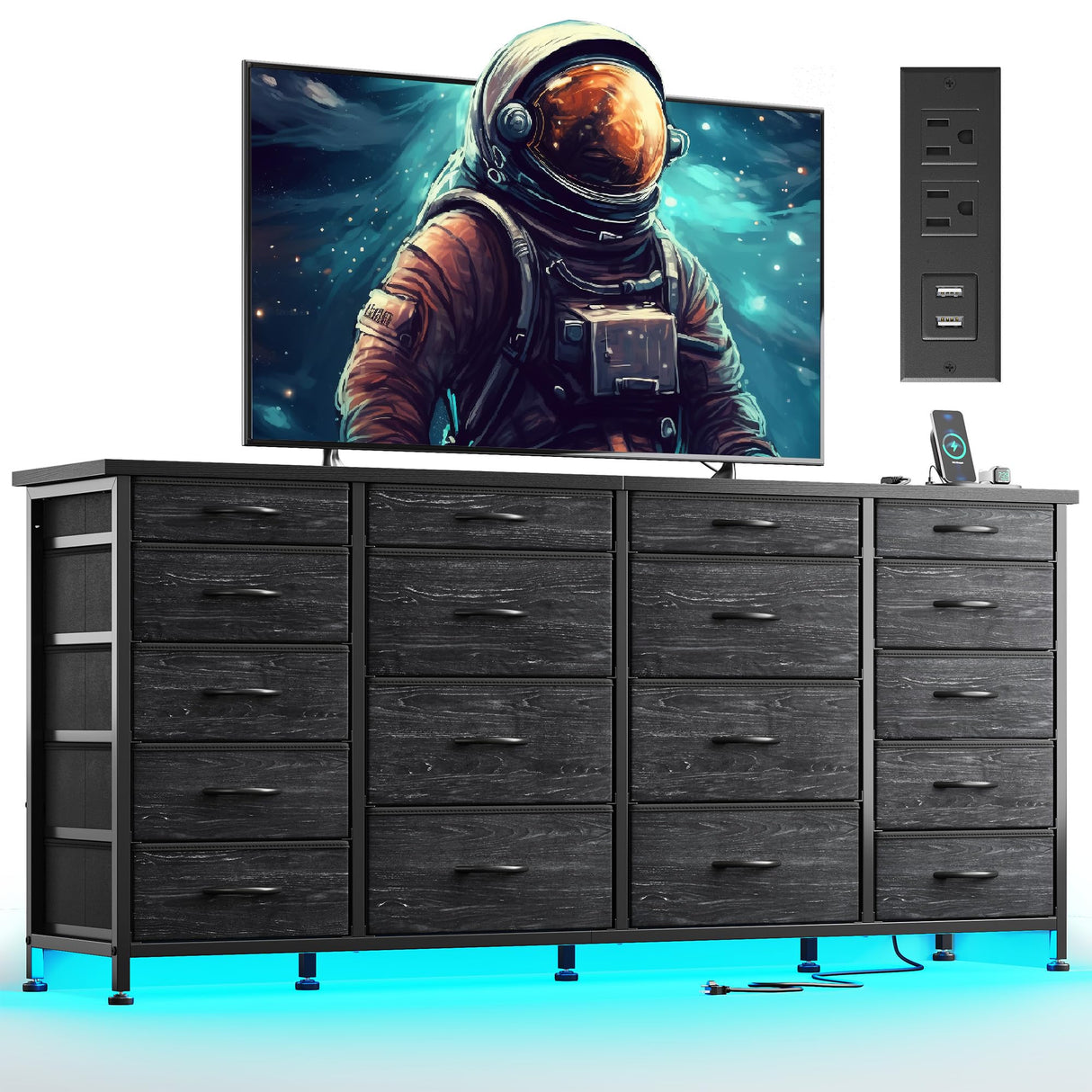 EnHomee 63" W 18 Drawers Dresser with LED Lights & Power Outlets Long Dresser for 65" TV Stand for Bedroom Large Fabric Dressers & Chests of Drawers for Bedroom, Sturdy Metal Frame (Charcoal Black) EnHomee