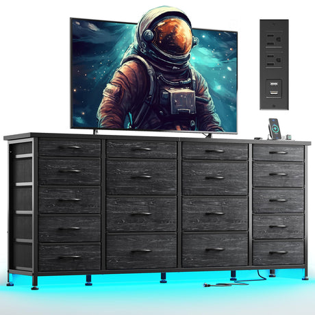 EnHomee 63" W 18 Drawers Dresser with LED Lights & Power Outlets Long Dresser for 65" TV Stand for Bedroom Large Fabric Dressers & Chests of Drawers for Bedroom, Sturdy Metal Frame (Charcoal Black) EnHomee