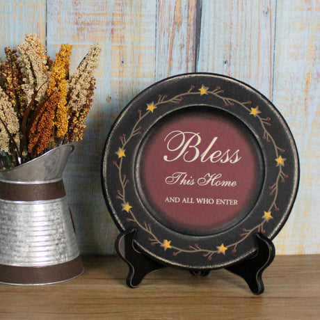 CVHOMEDECO. Primitives Vintage Bless This Home Wood Decorative Plate Retro Display Wooden Plate Home Décor Art, 9-3/4 Inch CVHOMEDECO.