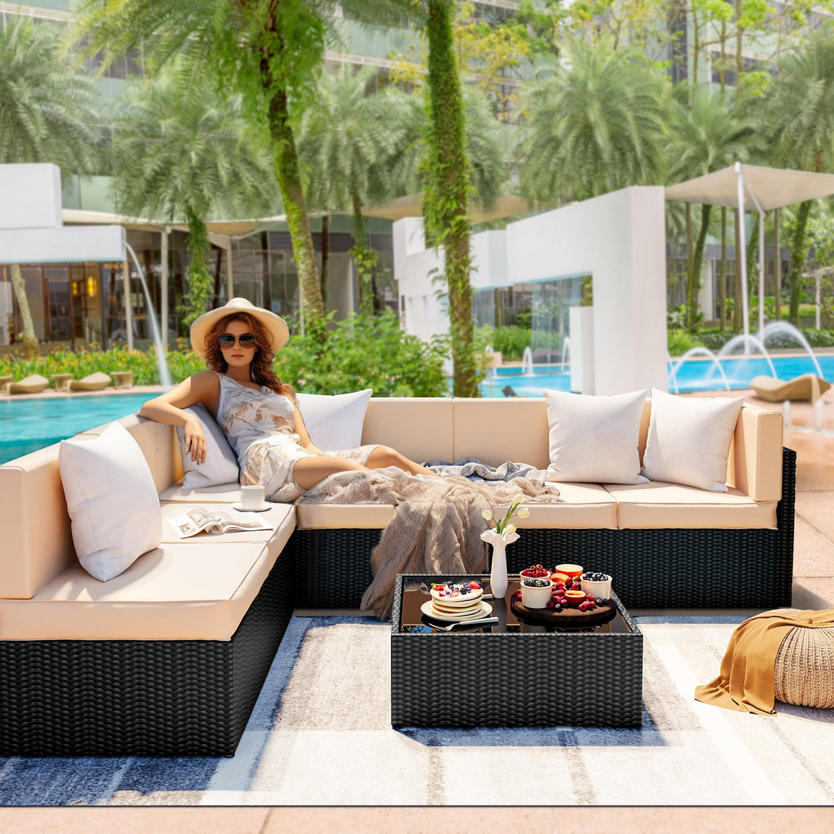 Pamapic 7 Pieces Outdoor Sectional Furniture，Wicker Patio sectional Furniture Sets，All-Weather Rattan Sectional Sofa Conversation Set with Coffee Table and Washable Couch Cushions Covers Pamapic