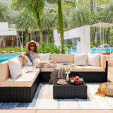 Pamapic 7 Pieces Outdoor Sectional Furniture，Wicker Patio sectional Furniture Sets，All-Weather Rattan Sectional Sofa Conversation Set with Coffee Table and Washable Couch Cushions Covers Pamapic