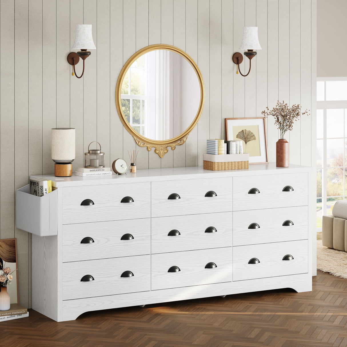 LIKIMIO Dresser 9 Drawer 63" W Long Wood Storage Chest of Drawers for Bedroom Living Room, Large Storage with Charging Station and Storage Bag, White LIKIMIO