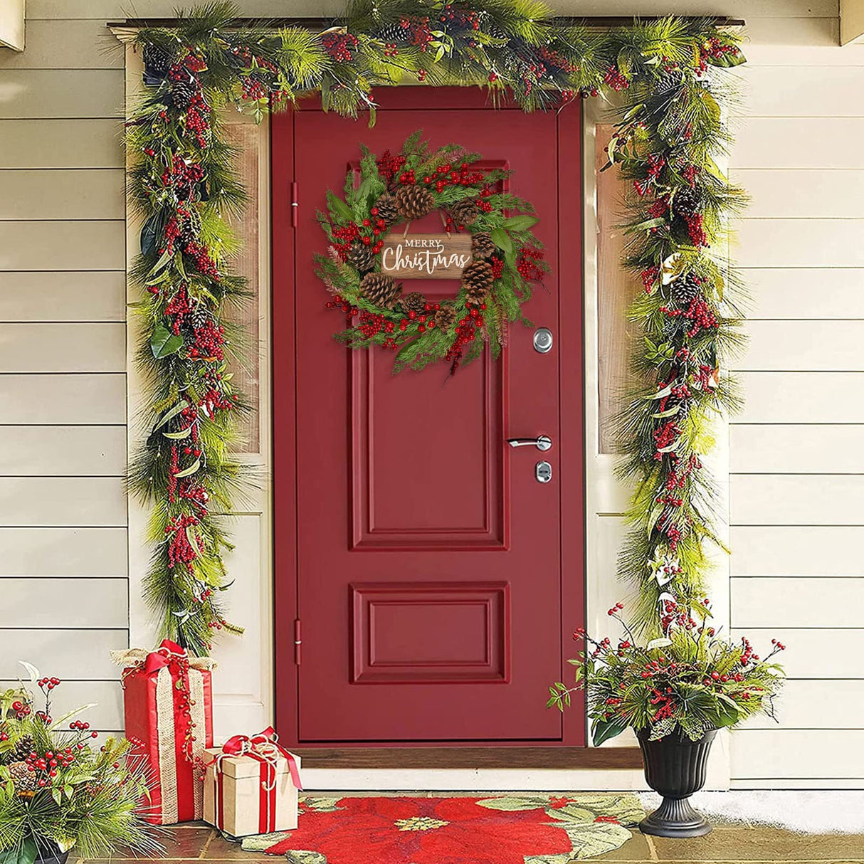 20 Inch Christmas Wreath with Pinecone Berries Christmas Decorations Front Door Wreath for Outdoor Indoor Party Wall Table Home Decor Brown Sign PGANDS