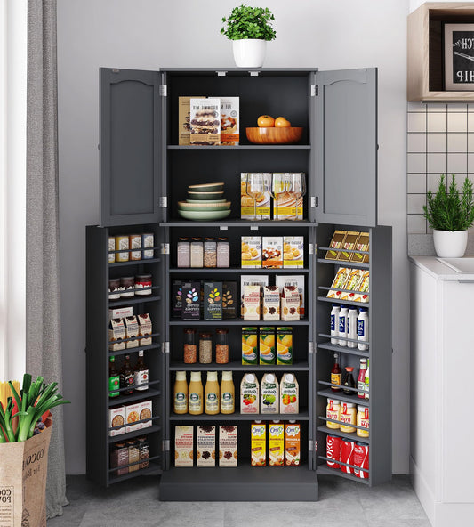 Yusong Tall Kitchen Pantry Storage Cabinet with Doors and Shelves, Wooden Food Pantry Farmhouse Cupboard Freestanding Buffet for Kitchen Dining, Grey