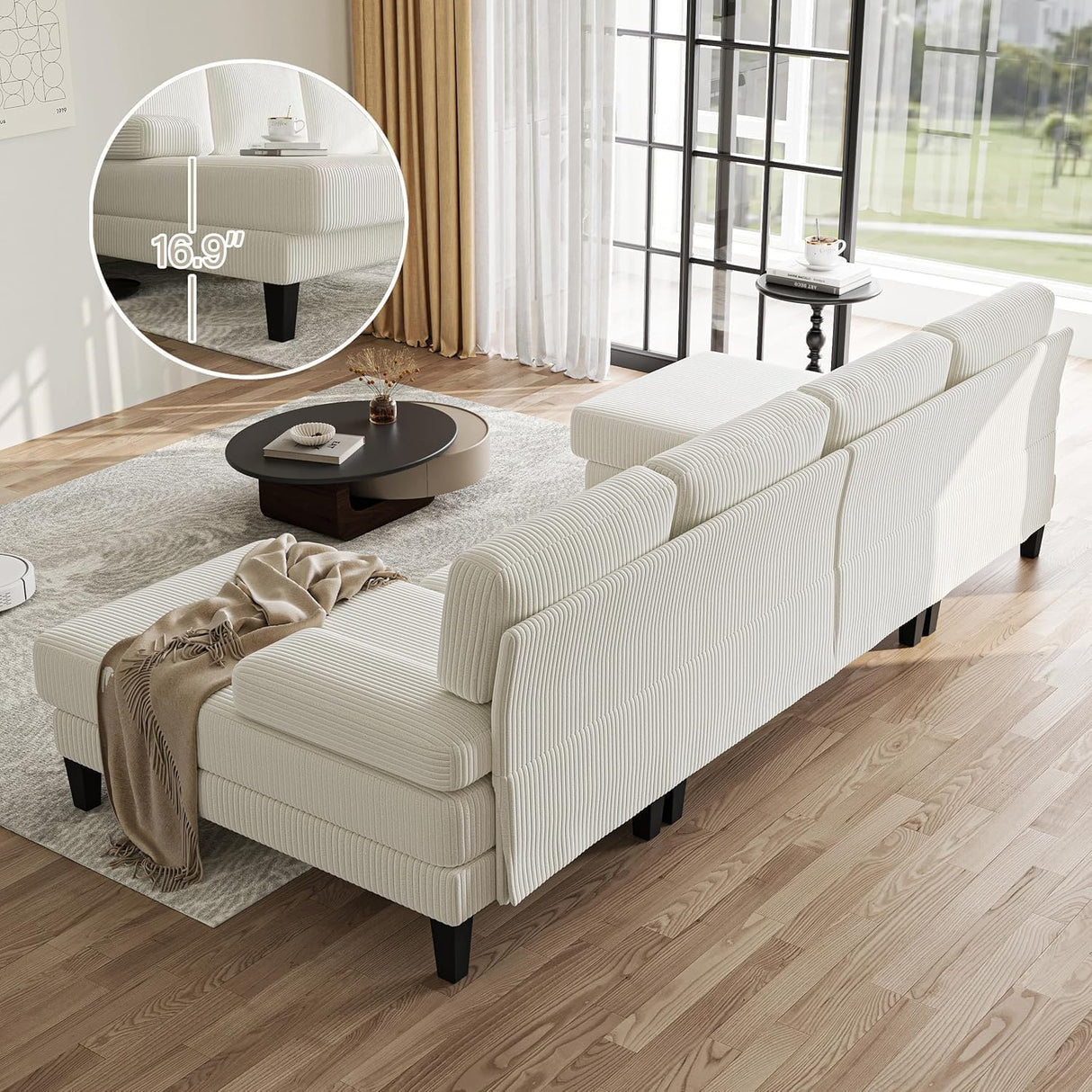 112'' Corduroy U Shaped Couch with Sleeper Lounge Chaise, 4 Seat Modern Comfy Sectional Sofa Couches for Living Room Spacious Space Apartment Office (112'' Corduroy White) ASAHREE