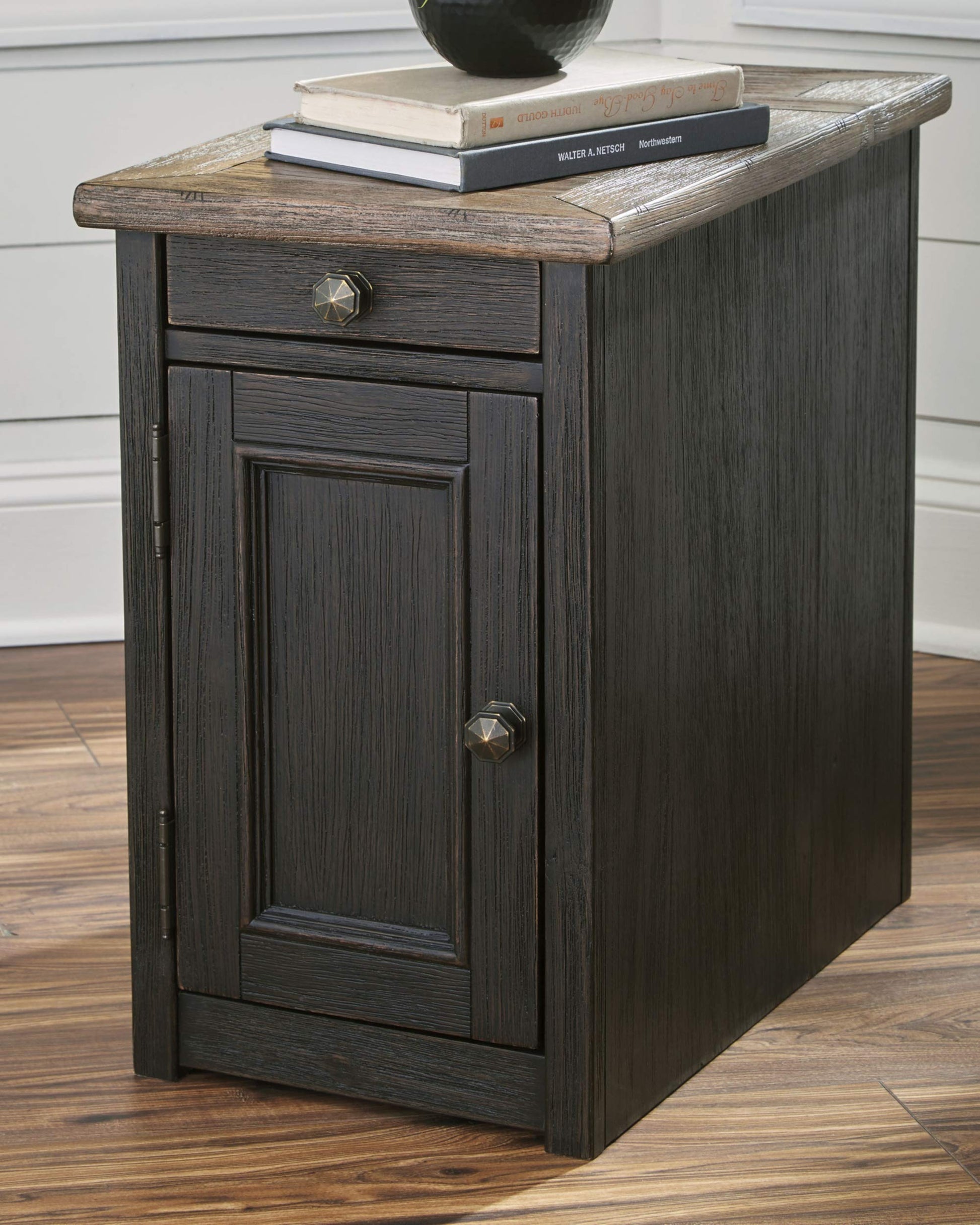 Signature Design by Ashley Tyler Creek Rustic Chair Side End Table with Pull-Out Tray & USB Ports, Brown - WoodArtSupply