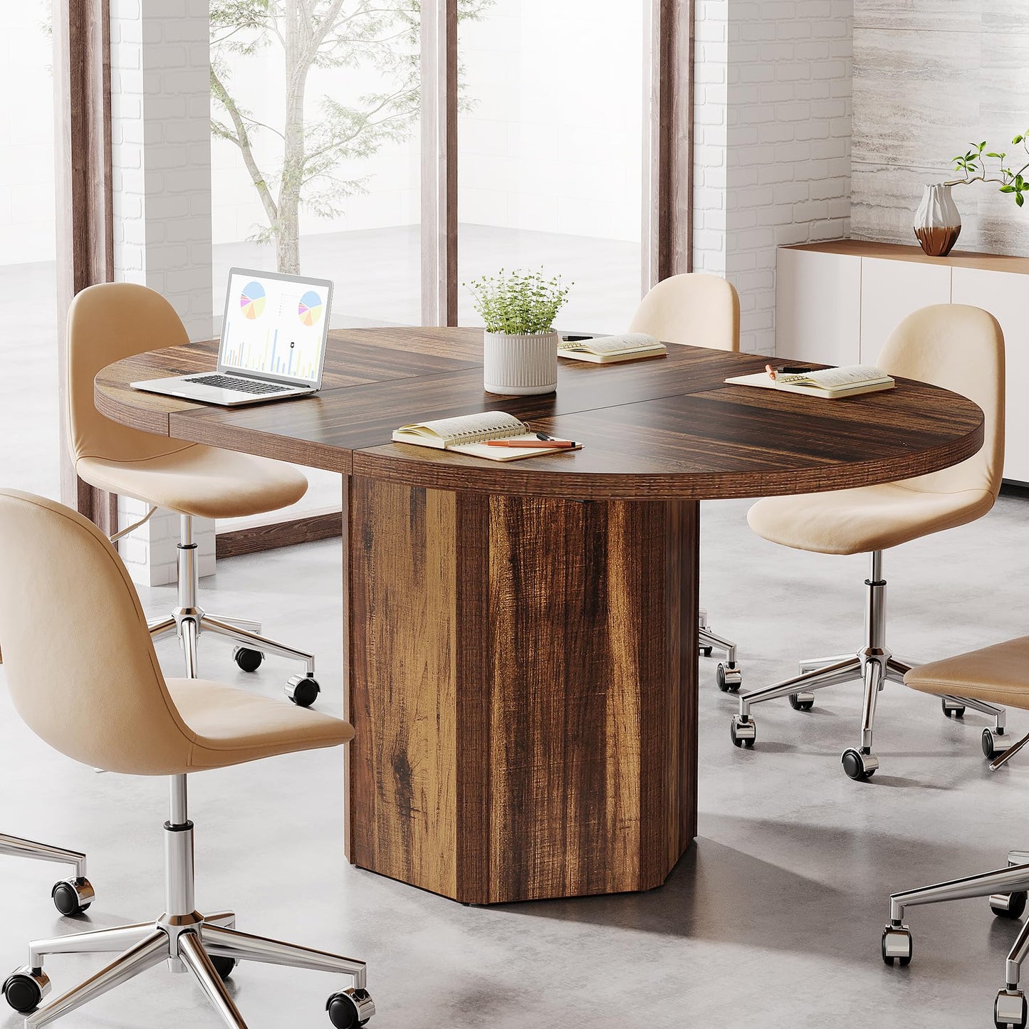 Tribesigns 55.12 Inches Oval Conference Table, Rustic Wood Conference Meeting Room Table for 4-6 People, Small Seminar Table with Polygon Shaped Base for Break Room Office, Large Office Desk, Brown