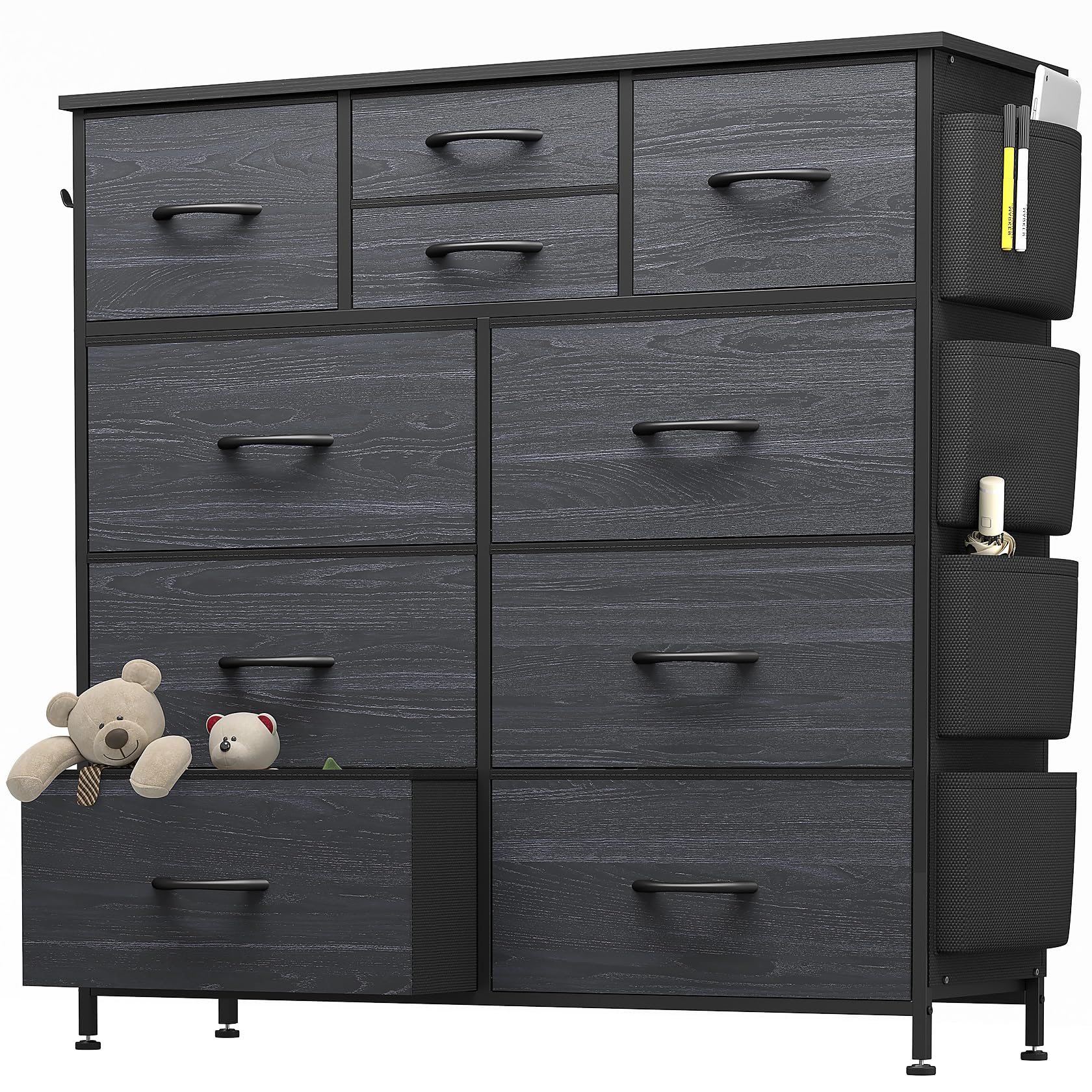 YaFiti Dresser for Bedroom with 10 Drawers, Chest of Drawers with Side Pockets, Hooks, Wooden Top and Sturdy Metal Frame, Fabric Dresser Drawers for Living Room, Hallway (Black Wood Veins) - WoodArtSupply