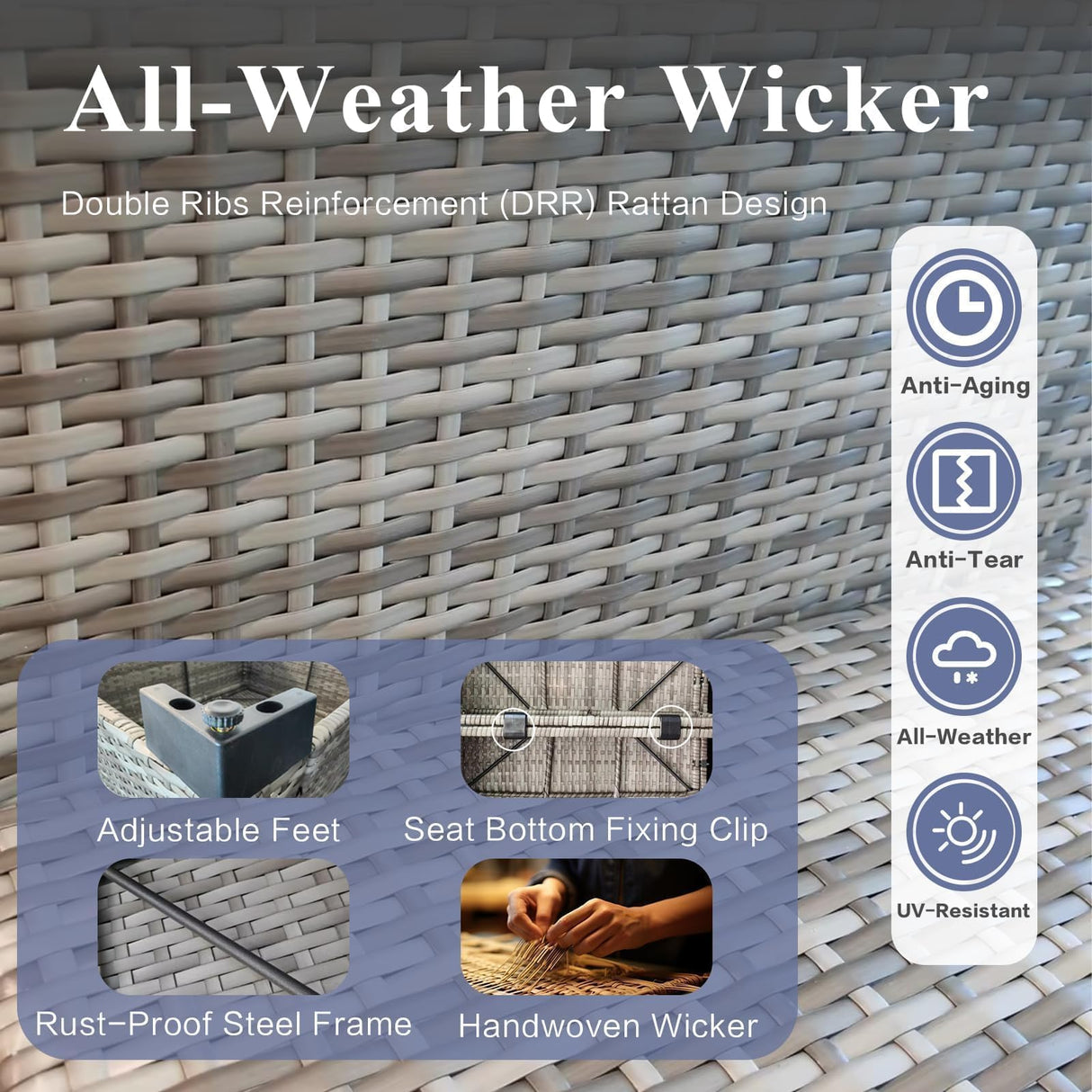 XTWEEX 7-Piece Outdoor Rattan Sectional Sofa Set, Wicker Patio Furniture with Coffee Table, Grey Cushions, Patio Conversation Set for Your Villa, Balcony, Porch, Backyard XTWEEX