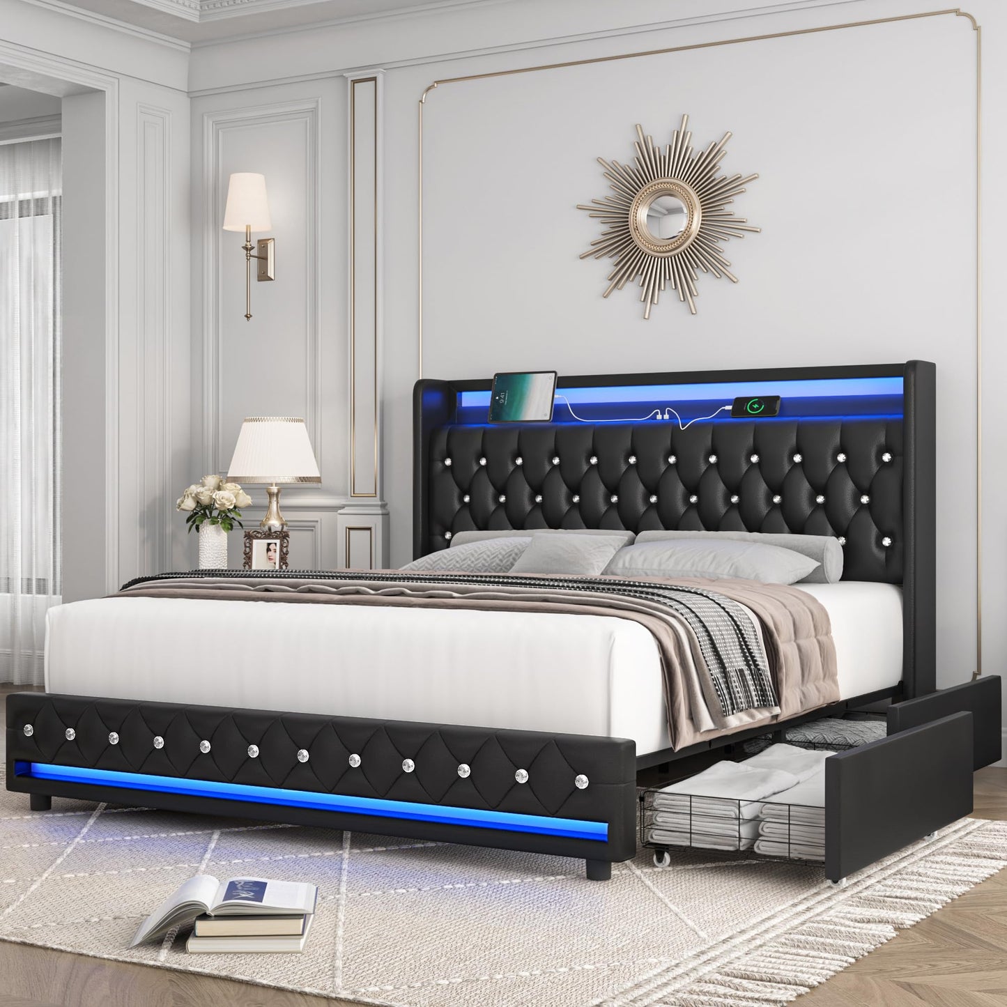 HIFIT Queen LED Bed Frame with USB Charging Station, Diamond Tufted Headboard, and 4 Storage Drawers – Black PU Upholstered Platform Bed - WoodArtSupply