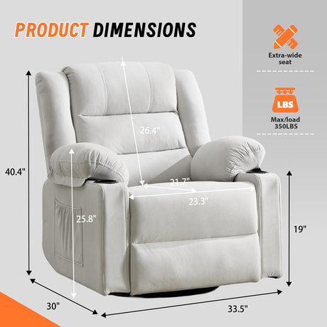 Sftaiyou 360°Swivel Rocker Recliner Chair for Adults,Manual Glider Recliner Sofa with Massage and Heating, Nursery Rocking Chairs with Cup Holds for Living Room Bedroom (Beige) Sftaiyou