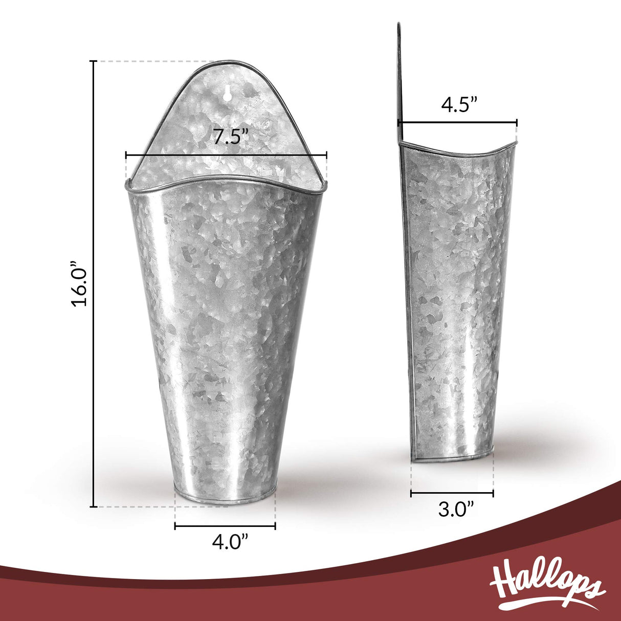 Hallops Galvanized Wall Planters - Two (2) Large Premium. Farmhouse Metal Hanging Vase. Rustic Decor. Tall Container for Easter Flowers or Planets. Tin Style Bucket or Pocket Hallops