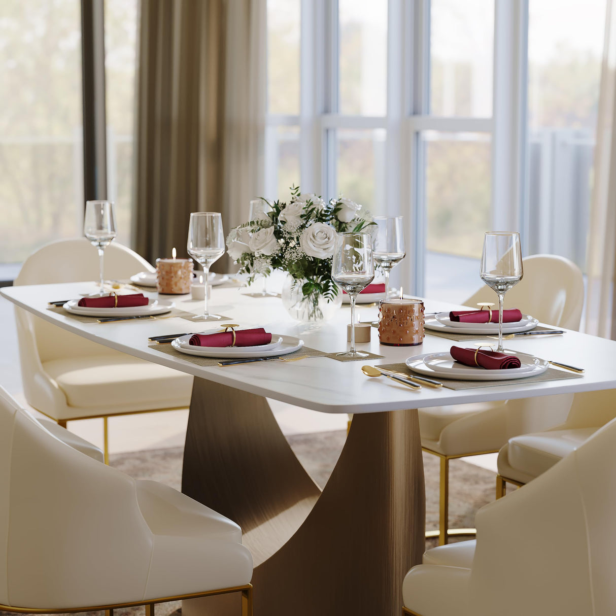 POVISON 71" Hobart Modern Dining Table for 6-8, Matte White Dining Table Sintered Stone Dining Tabletop with Bronze Carbon Steel Pedestal for Dining Room (Table Only) POVISON