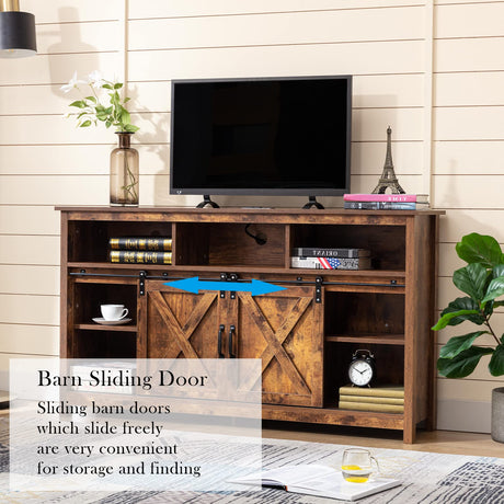 Vinctik 6&Fox 57In Wooden Farmhouse Entertainment Center for 60/65 inch TV,Double Layer Storage Farmhouse TV Stand,Double-Row Sockets with Wood Sliding Barn Door TV Stand,Adjustable Storage Shelf Vinctik 6&Fox