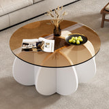 Glass Coffee Table, Mid Century Modern Design, 31.5'' Modern Round Tempered Glass Coffee Tables for Living Room, Cocktail Table for Small Space Home Office. (White + Brown) Yaruifnt
