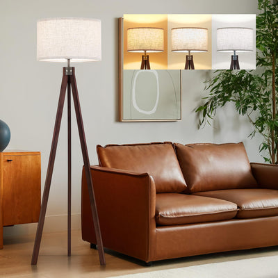 ELYONA Wood Tripod Floor Lamp, Mid Century Modern Reading Standing Light, Tall Studying Light with 3 Color Temperatures LED Bulb & Nature Linen Shade for Farmhouse Living Room Bedroom Office, Walnut