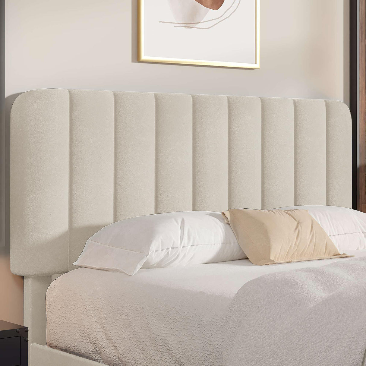 VECELO Full Size Bed Frame with Upholstered Headboard, Velvet Platform Bedframe Mattress Foundation, Strong Wood Slat Support, No Box Spring Needed,Velvet Beige VECELO