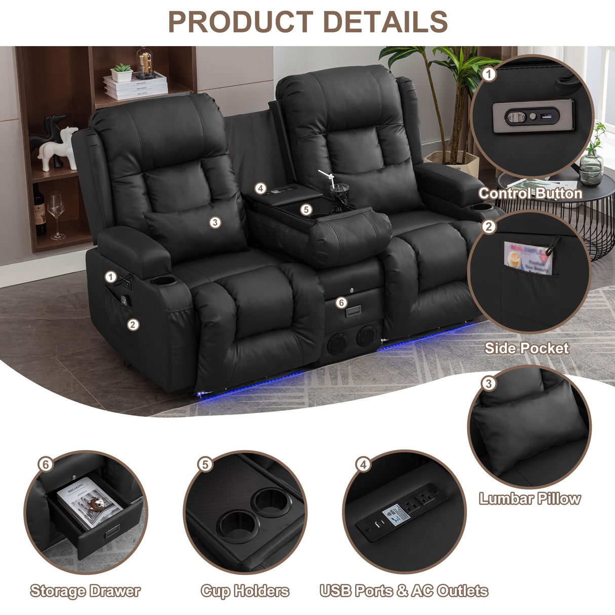 TUNYI Power Recliner Chair with Massage & Heat, Faux Leather Recliner Sofa Chair with LED Light, Home Recliner Theater Seating with USB Port/Lumbar Pillow/Cup Holder/Side Pocket (Black, Loveseat) TUNYI