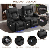 TUNYI Power Recliner Chair with Massage & Heat, Faux Leather Recliner Sofa Chair with LED Light, Home Recliner Theater Seating with USB Port/Lumbar Pillow/Cup Holder/Side Pocket (Black, Loveseat) TUNYI