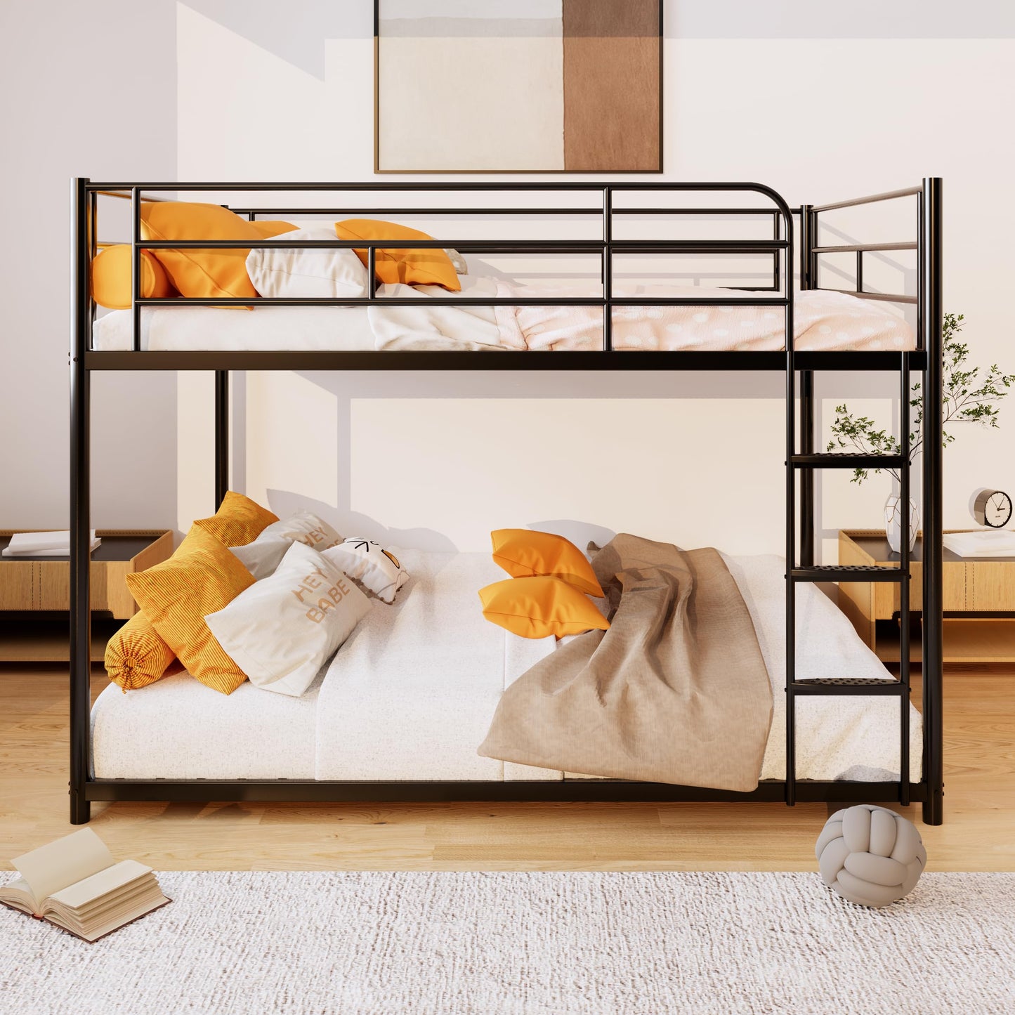 UOCFYK Full Over Full Bunk Bed, Metal, Black, Low Profile, Space Saving, No Box Spring Needed, Comfortable Ladder, Full-Length Guardrail